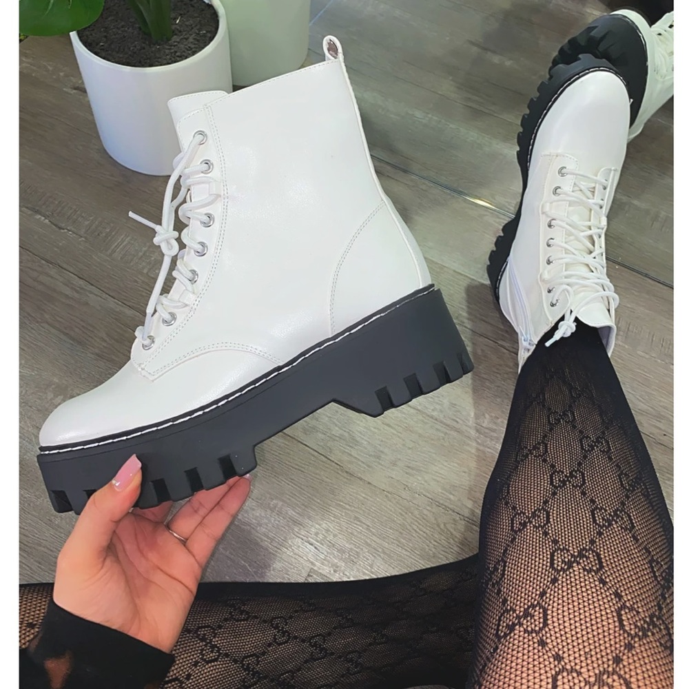 White Lace Up High Platform Combat Boots - Picture 5 of 7
